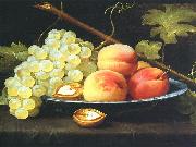 Jacob van Es Nature morte aux peches, raisins et noix sur un entablement Sweden oil painting artist